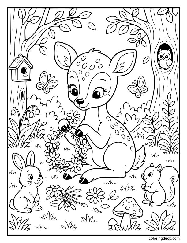 Nestled among tall pine trees, a gentle fawn sits in the grass skillfully intertwining daisies to make a delicate crown.