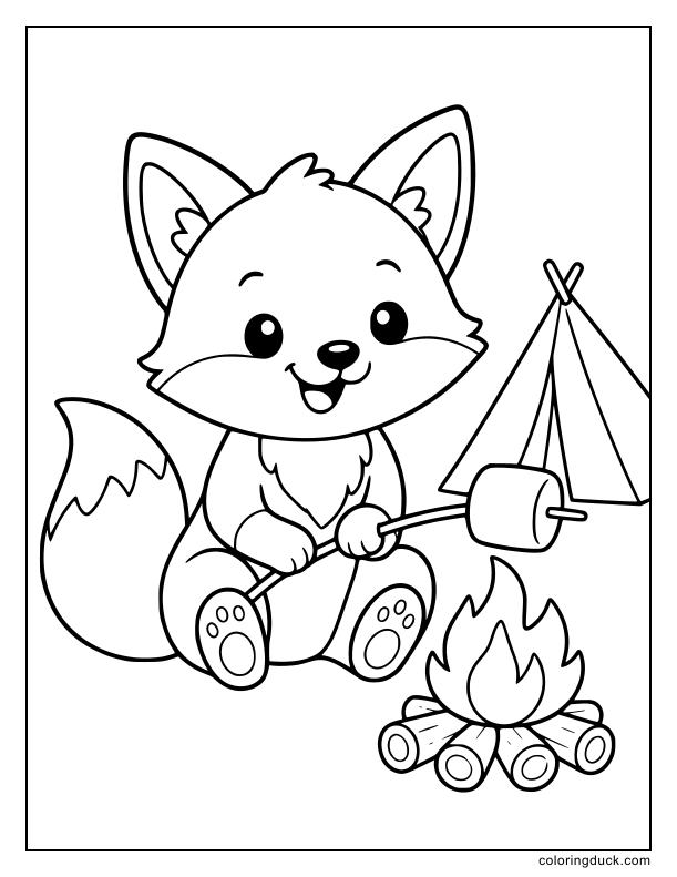 Happy fox sitting near a tiny fire pit holding a stick with a puffy treat.