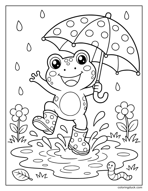 Underneath a big polka-dot umbrella, a happy frog wearing rain boots splashes joyfully into a large muddy puddle.