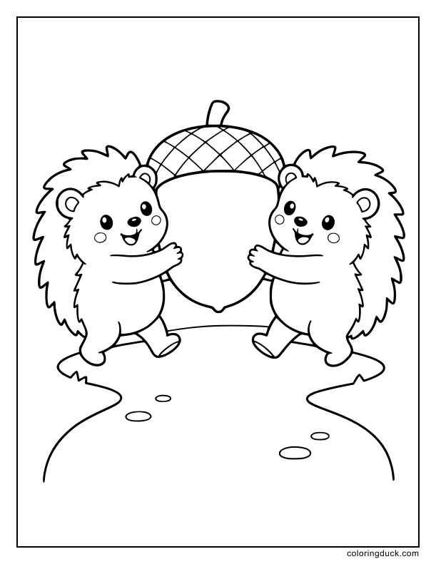 Two little hedgehogs walking down a quiet trail carrying a giant smooth acorn.